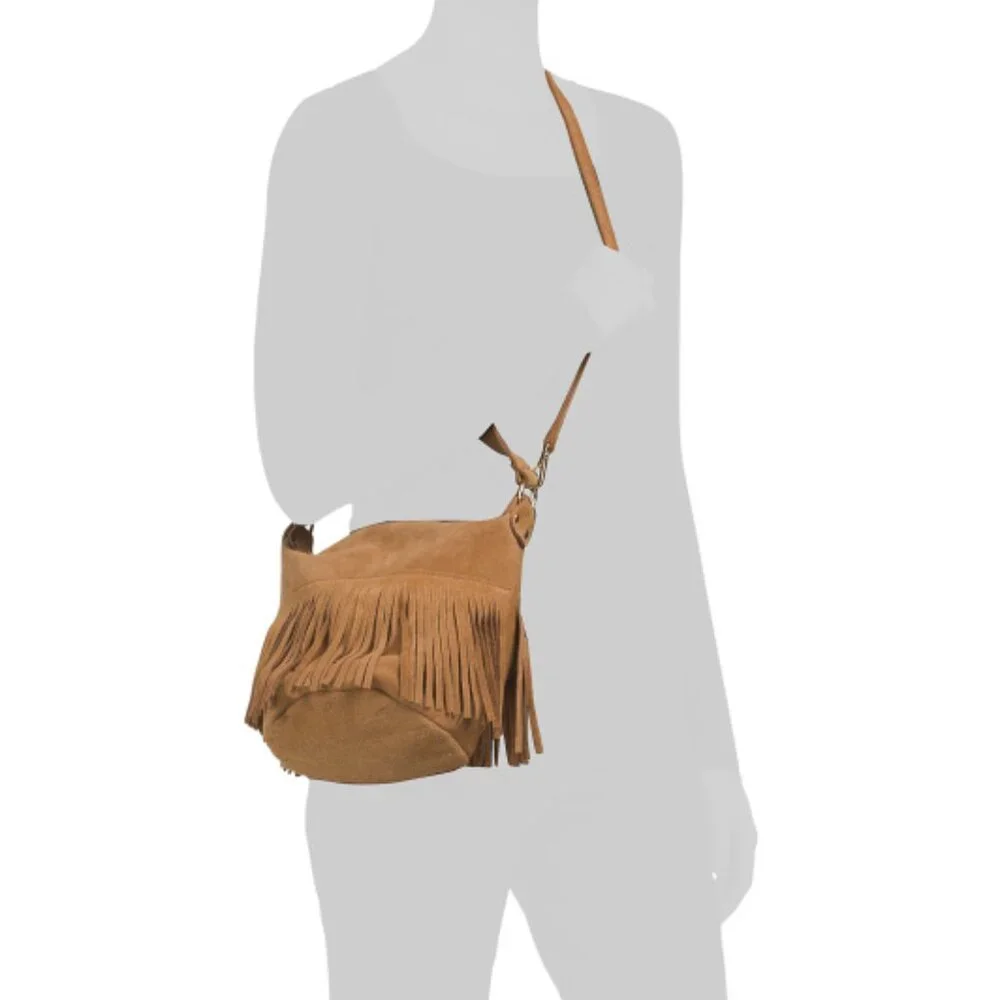 MARLON Made In Italy Suede Hobo Bucket Bag With Fringe Trim